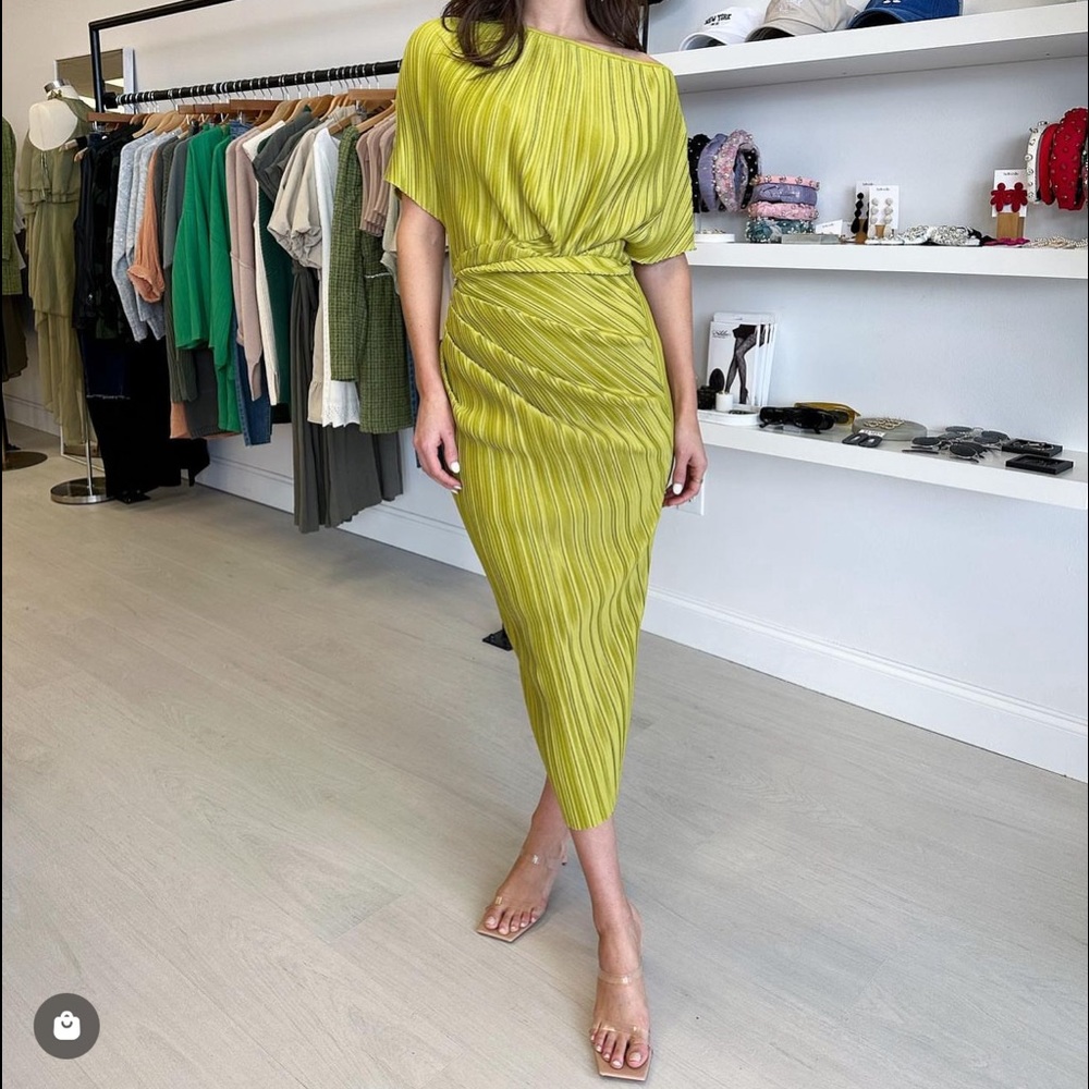 Chic, rushed, 
Chartreuse dress.